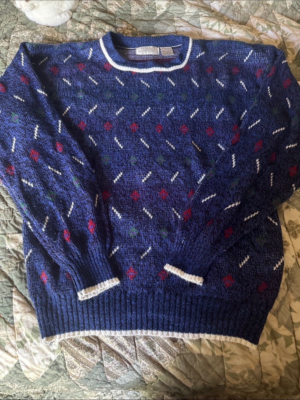 Vintage Van Heusen Navy Crewneck Sweater with Red, White & Green Motif Size XLT